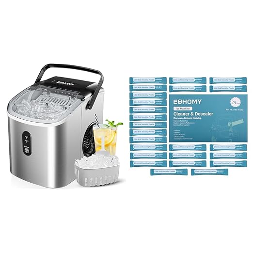 EUHOMY Countertop Ice Maker Machine with Handle, 26.3lbs Per Day, 9 Cubes in 6 Mins + Ice Maker Cleaner & Descaler | 24 Use & Individually Packed