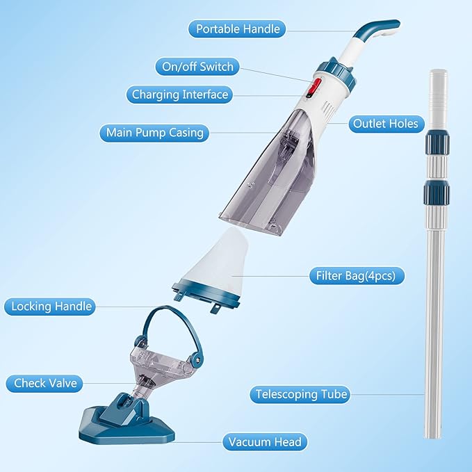 Pool Vacuum for Above Ground Pool with a Telescopic Pole, Running time up to 1H, Handheld Rechargeable Pool Cleaner with Powerful Suction up to 18.5 gallons/min, Ideal for Leaves & Debris, PC10