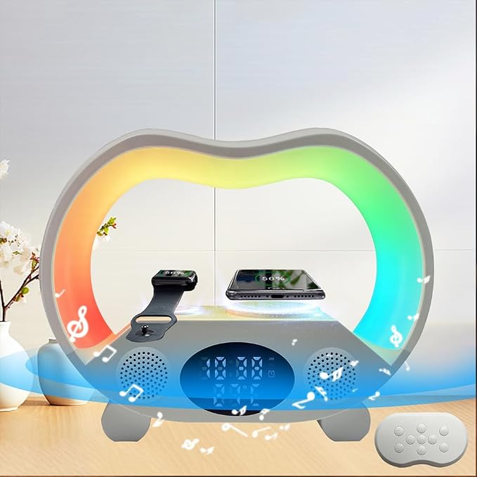 IHAO 6in1 Wireless Charging Station with Bluetooth Speaker Time&Temperature Display Alarm Clock 7-Color LED Night Lights Fast Charger for Phone, Apple Watch, Earbuds Remote Control Auto Shutoff-Black