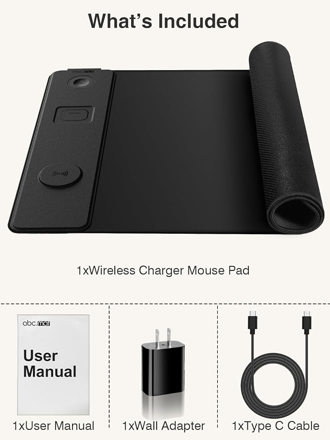 Mouse Pad with Wireless Charging for Phone/AirPods/Apple Watch, 31.5"x15.8" Large, Waterproof Smooth Surface, Non-Slip Base, with Adapter