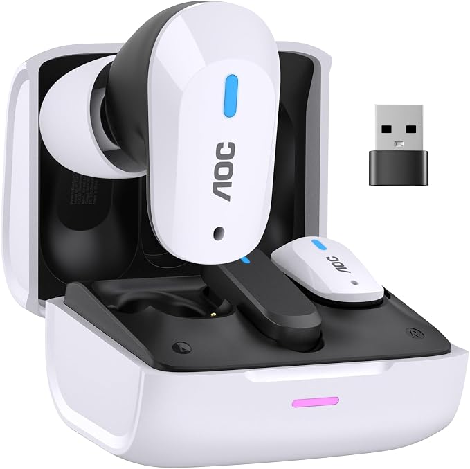 AOC ACT3512 Wireless Gaming Earbuds for PS5 PC Switch, 2.4GHz USB-C Dongle & Bluetooth 5.3 Headphones, 20ms Ultra-Low Latency, Noise Cancelling Mic, 32H Playtime in-Ear Gaming Headset
