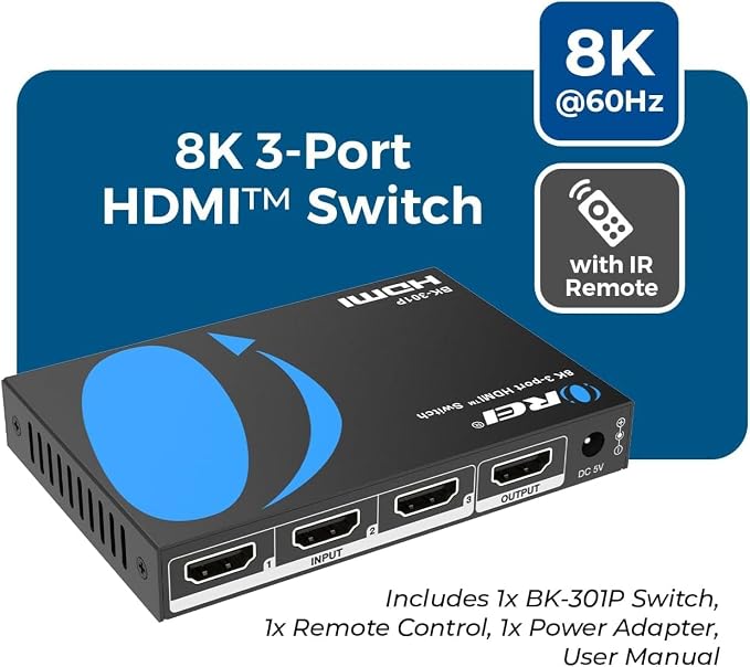 OREI 8K 3-Port HDMI 2.1 Switch, 3-in 1-Out, 8K@60Hz, Manual & Auto Switch