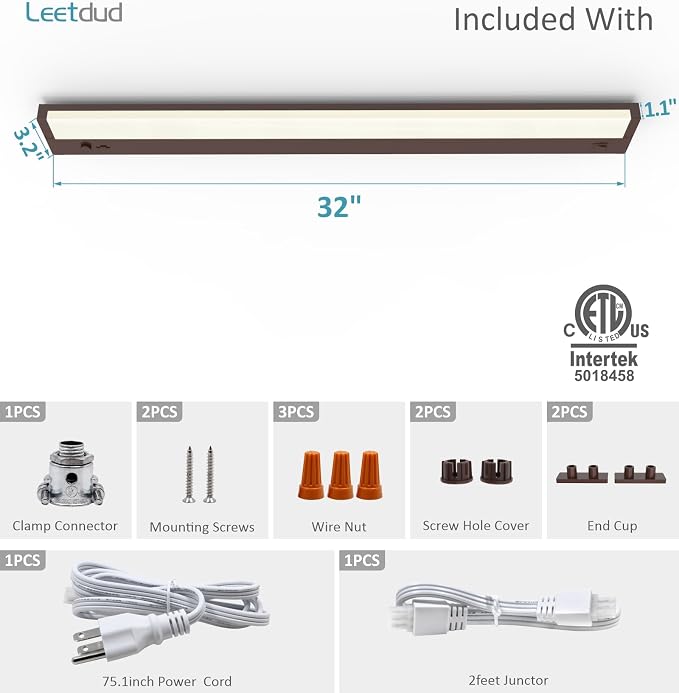 Leetdud Under Cabinet Lighting Plug in or Hardwired Built-in Dimmer, 32 Inch 16W, 5CCT 2700/3000/3500/4000/5000K, Linkable Counter Lights for Kitchen, ETL Dimmable LED Light Fixture, Bronze