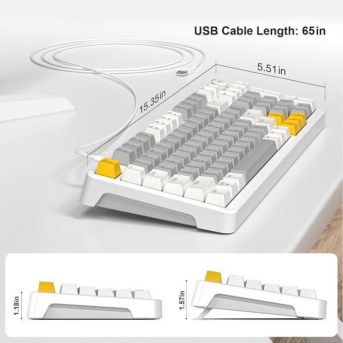 MOFII AK96 Mechanical Gaming Keyboard, Full Keys LED Backlit Programmable, Plug and Play USB A/C Wired Computer Custom Keyboard with Sound/Light Control Knob for Win/Mac - Gray & White