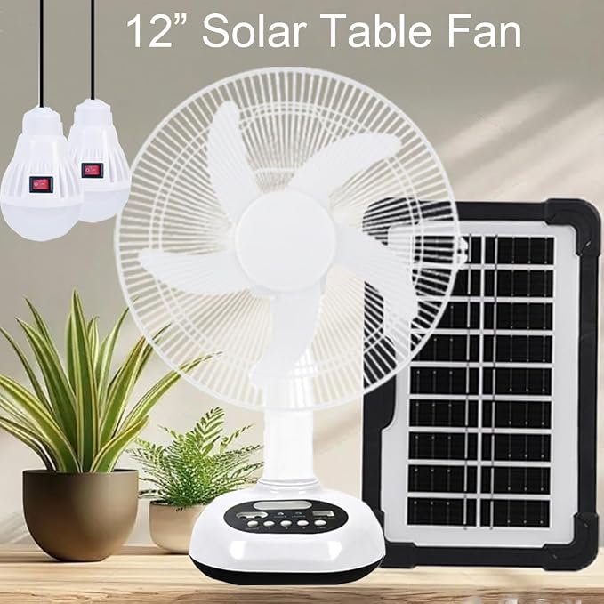 12 inch New Update Rechargeable Solar Powered Fan,14400mAh AC DC Portable Camping PowerBank 12 Inch Oscillating Tabletop Fan with Led Night Light for Home Office Outdoor Camping Tent Traving (1)
