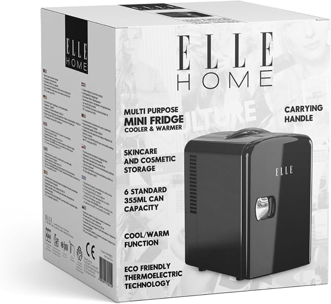 ELLE Multi Purpose 4L Mini Fridge Cooler and Warmer with Cool and Warm Function Removable Shelf Carrying Handle AC DC Power Options for Car Office Bedroom 6 Can Capacity Black