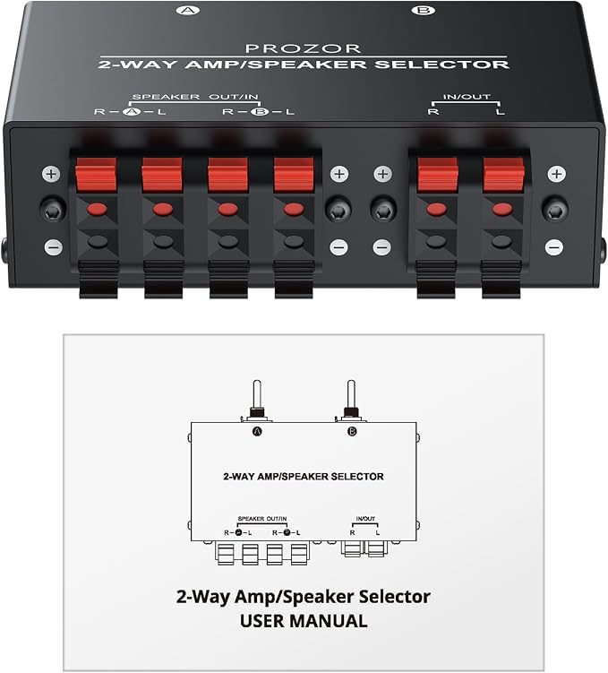 PROZOR 2-Zone Speaker Switch Box, 2-Way Amp/Speaker Selector with Independent A/B Control, Passive Stereo Switcher for Amplifier and Receiver, 150W RMS per Channel, Support 4–16Ω Speakers