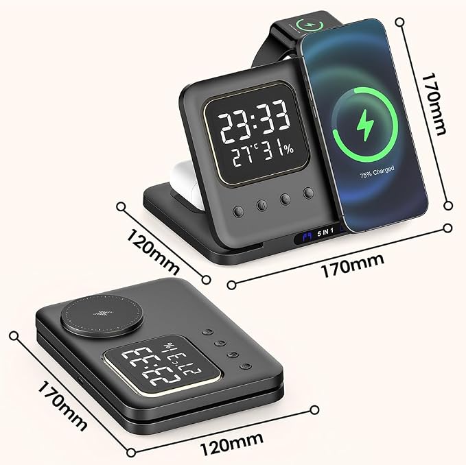IHAO 5in1 Multi Functional Wireless Charger with Digital Clock 15W Fast Charge Night Light Temperature Display MagSafe Compliant for iPhone iWatch and Qi Headphone-DH13 White