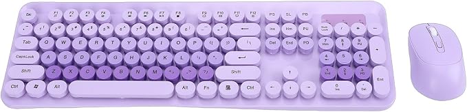 Wireless Keyboard and Mouse Combo, 2.4GHz Plug and Play with Retro Typewriter Style Round Keycaps, 104 Keys with Numeric Pad, for PC Laptop Desktop (Purple)