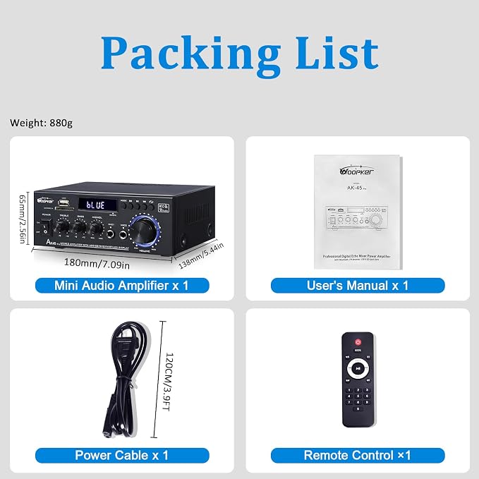 WOOPKER AK45 Pro Amplifier Home Audio Stereo Receivers with Bluetooth 5.0,Max 400W,2.0 Channel Stereo Amplifier System for Home Theater Speakers, Karaoke,Garage,Home Amp with USB,SD,RCA,2 MIC in