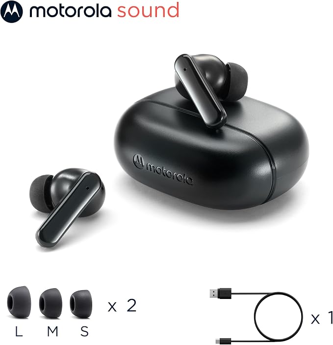 Motorola Sound Moto Buds 125 True Wireless Earbuds, IPX5 Waterproof Sweatproof Touch Control Ear Buds with Dual Noise Cancelling Microphone, Charging Case, Black