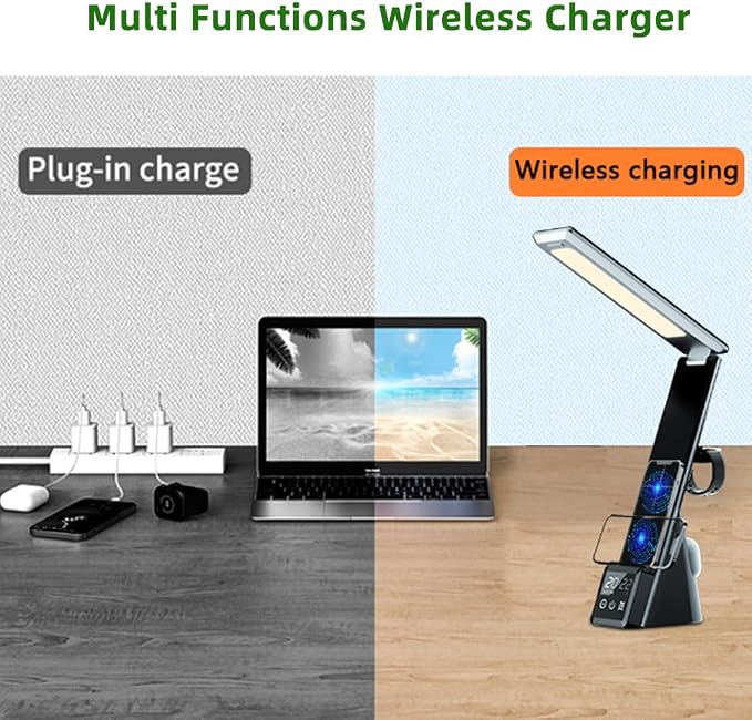 IHAO 6in1 Multifunctional Foldable LED Table Lamp with Wireless Charger Digital Alarm Clock Eye-Care Lighting 3 Color Modes 15W Qi Charger for Phone/Headphones, iWatch Charger Compatible-N61 White