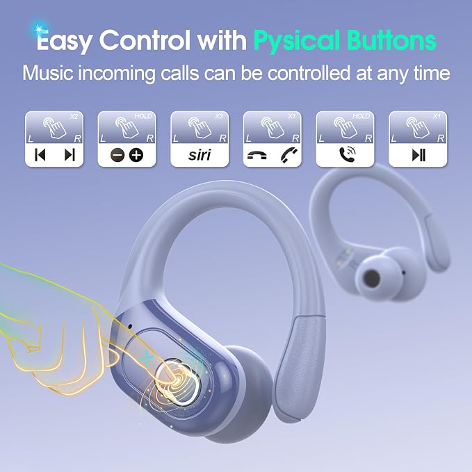 Wireless Earbuds 75hrs Bluetooth 5.4 Headphone Sport, 2026 Bluetooth Earbuds Hifi Stereo Over Ear Bud with Earhooks, ENC Noise Cancelling Mic, IPX7 Waterproof Earphone for Gym/Workout, Purple Blue