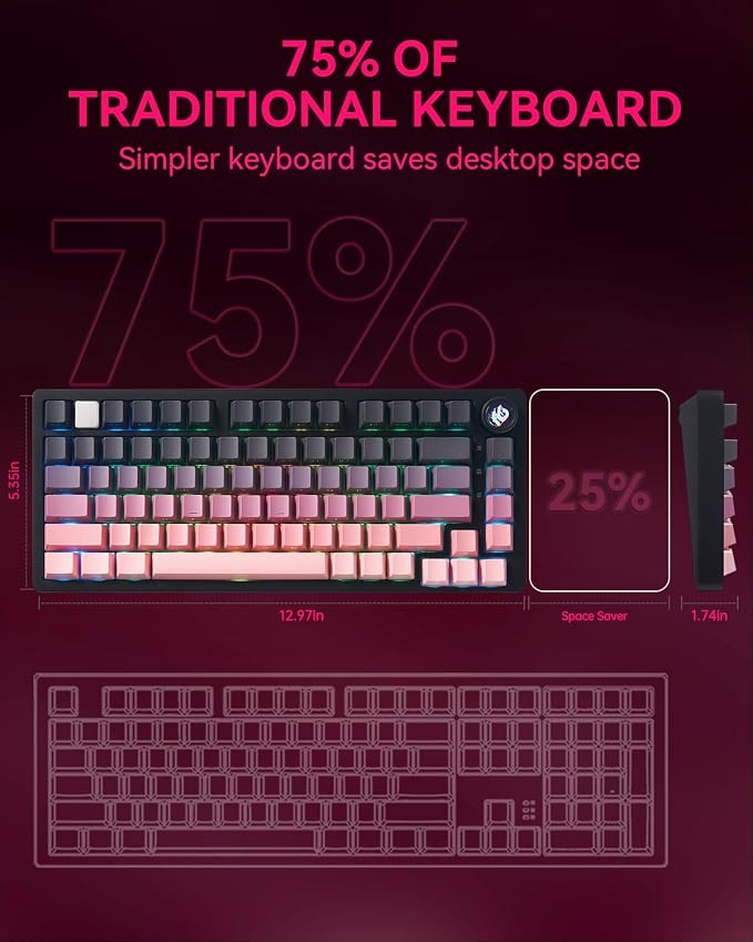 LEOBOG Wireless Mechanical Keyboard,75% Gasket Hot Swappable Custom Keyboard with Knob, 2.4GHz/USB-C/BT5.0 Mechanical Gaming Keyboards for PC/MAC/Windows - Seiya Switch, Black Pink (HI75C Pro)