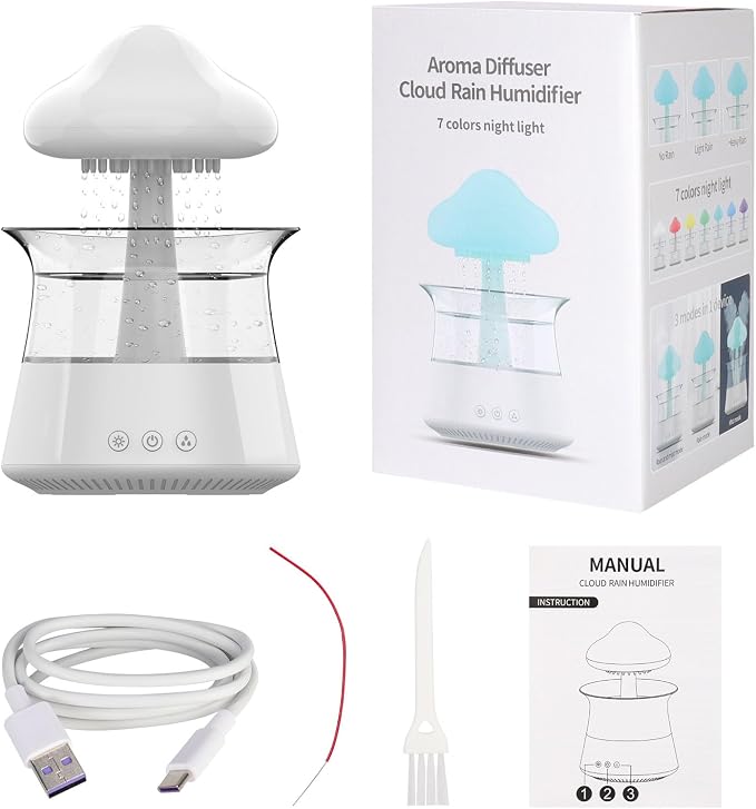 cjc Cloud Rain Humidifier for bedroom with Soothing Rain Sounds Sleep Aid, Waterfall Night Light, Mushroom Design Air Moisturizer,Room Decor Aesthetic for living room (White)