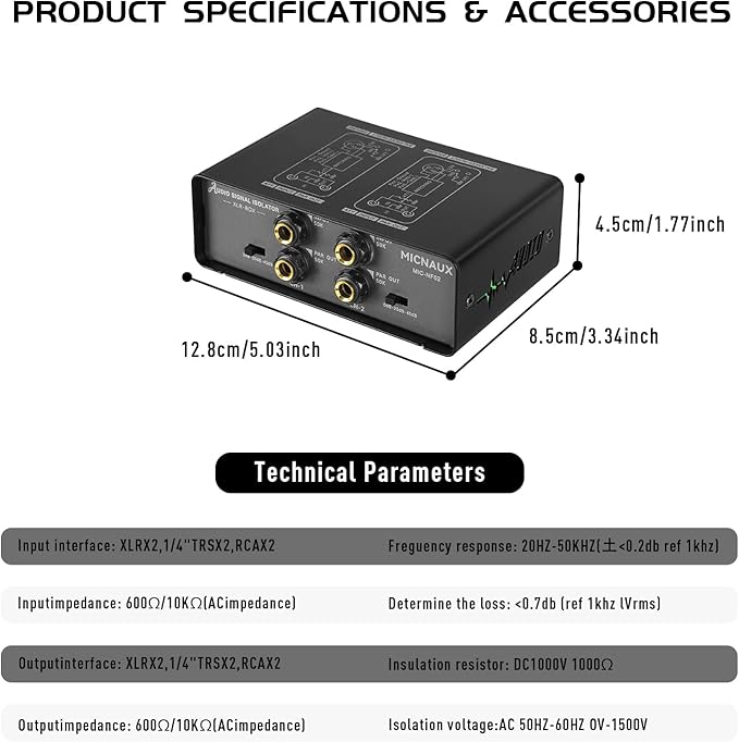 Dual-Channel Audio Signal Isolator with Ground Lift Switch, 3-Level Gain Attenuation (0/-20/-40dB), 600Ω High-Impedance Noise Filter Hum Eliminator for Home Audio, Studio & Live Sound Systems