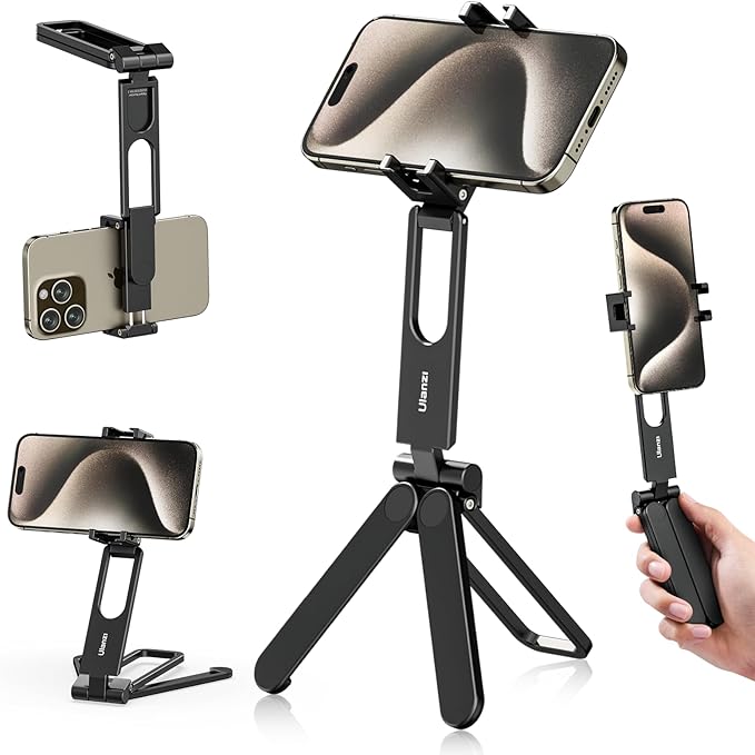 ULANZI MA26 Foldable Phone Tripod, Pocket Cell Phone Vlog Video Tripod Handle Aluminium Smartphone Desk Stand 2 Cold Shoe Small Size All in One Lightweight Portable Vlog Stick for iPhone 17 Samsung