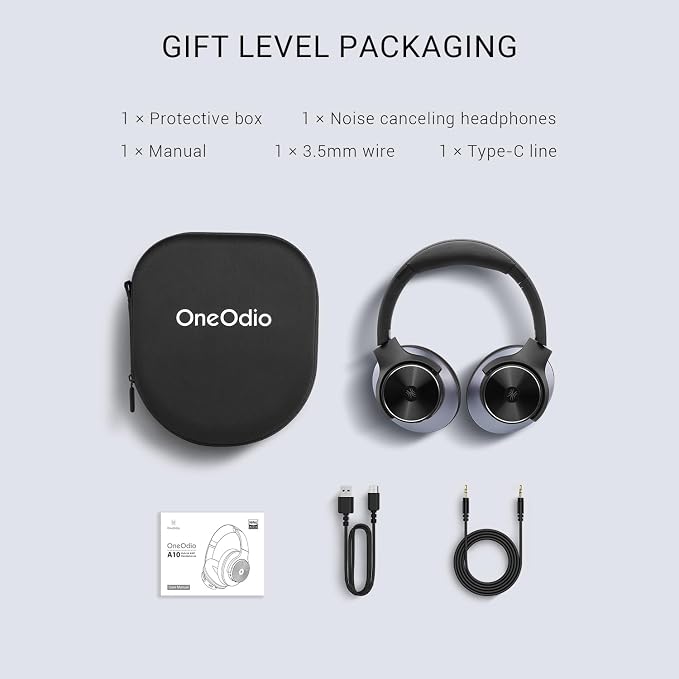 OneOdio Focus A10 - Hybrid Active Noise Cancelling Headphones, Wireless Over-Ear Headphones with 62H Playtime, Fast Charging, Hi-Res Audio, Clear Calls, Bluetooth & Wired Mode for Travel Work
