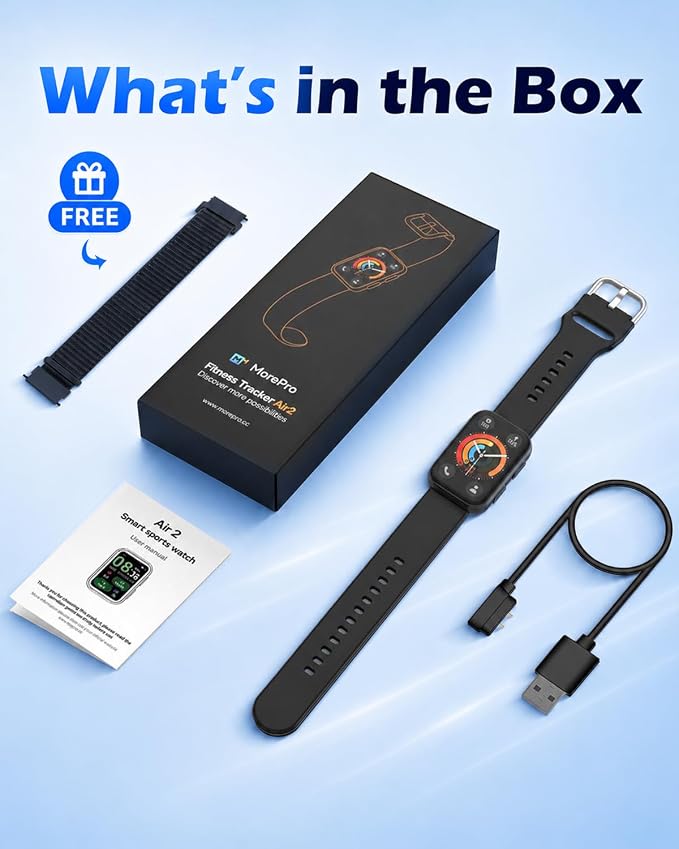 MorePro Health Fitness Tracker for Women Men, 24/7 Heart Rate Blood Pressure & Oxygen Monitoring, Sleep Tracker, 100+ Sport Modes Smart Watch, IP68 Waterproof, 2 Bands, Compatible Android iOS