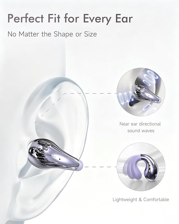 Upgraded Clip-on Ear Earbuds, Bluetooth 6.1 Wireless Open Ear Headphones, Comfortable Fit with Crystal Clear Sound, 50-Hour Battery Life, Open-Ear Wireless Headphones for Gym & Outdoor Sports,Purple