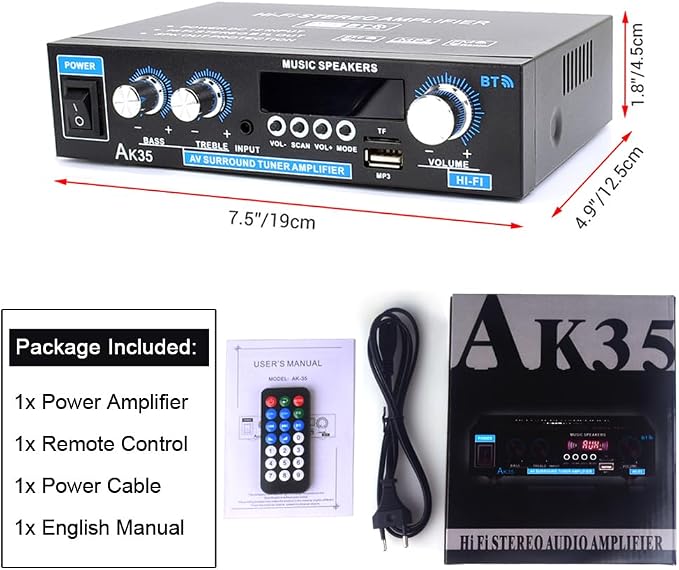 AK35 Stereo Amplifier Home Audio Bluetooth 5.0 Max 200W 2.0 Channel Mini Amplifier Stereo Receivers for Car, Home Party, Audio Amplifier AMP w/USB/TF Card/AUX Input/Bass & Treble Control