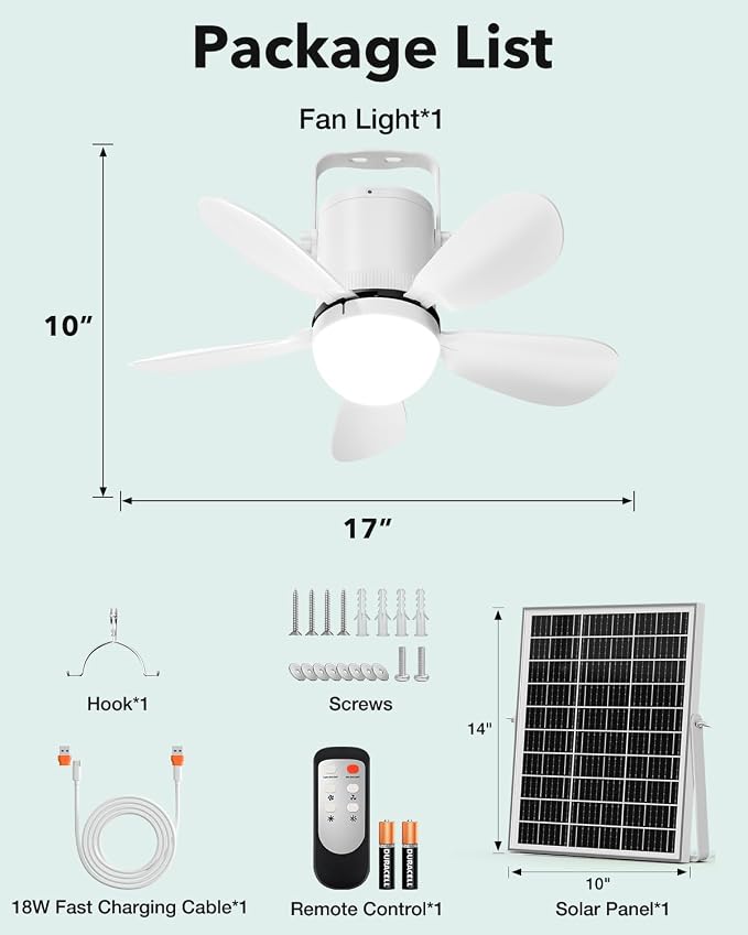 Solar Ceiling Fan Light, 30W Solar Gazebo Fan with Remote, Portable Solar Canopy Fans for Outside, Rechargeable Battery Operated Camping Fan, for Tent Shed Patio Greenhouse Porch Pergola