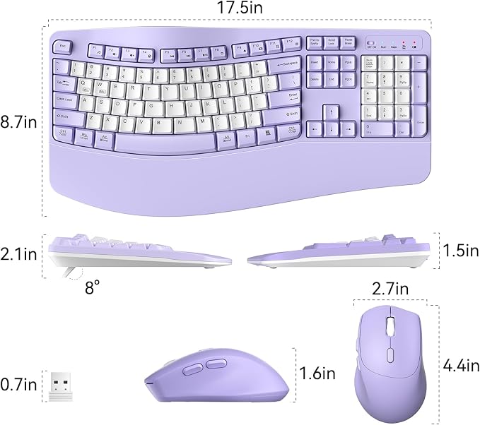 Wireless Keyboard and Mouse Combo,2.4G Full Size Wave Keys Ergonomic Keyboard with Wrist Rest for Natural Typing, 3 DPI Adjustable Ergonomic Mouse for Computer/Laptop/Windows/Mac (Purple & White-B)