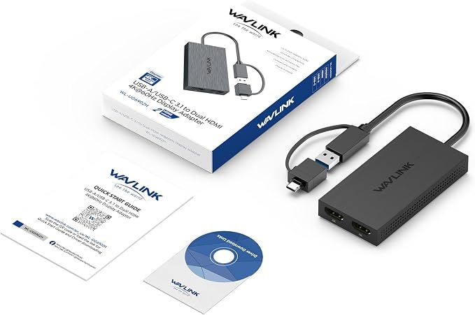 WAVLINK USB 3.0 & USB C to Dual HDMI Adapter 4K@60Hz for 2 Monitors, DisplayLink USB C HDMI Adapter for Dual Monitor, for Mac M1-M5/Neo, Windows, ChromeOS, Ubuntu