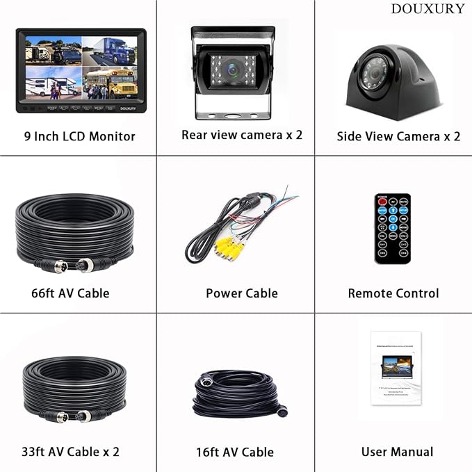 Backup Camera System with 9'' Quad Split 1080P Monitor for RV Trailer Semi Truck Camper Bus & 4 AHD Rear Side View Camera with DVR Record Function Night Vision IP69 Waterproof Avoid Blind Spot DOUXURY