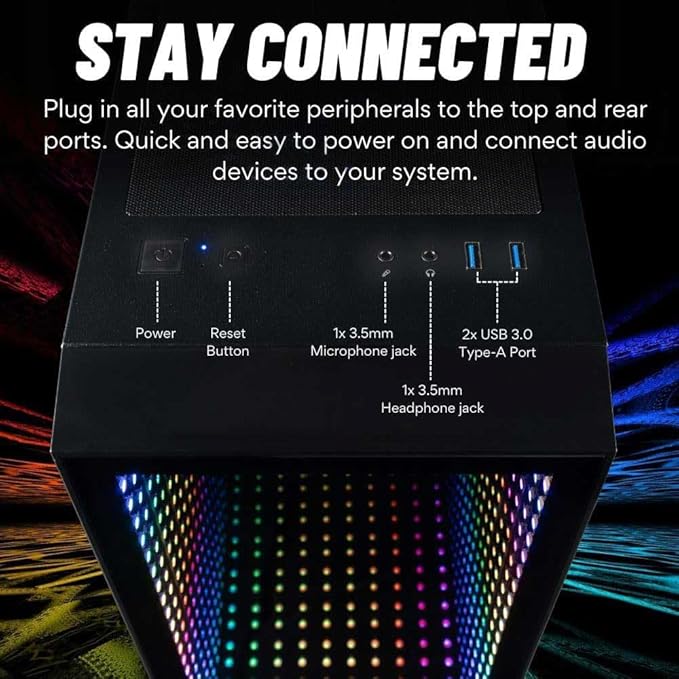 Continuum Micro 26L mATX Infinity Mirror Gaming PC Tower Case w/ 6 Pre-Installed ARGB PWM Fans, Dual Mode Control (Mobo + Remote), ATX PSU Ready, 347mm GPU Space with 500W PSU Included.