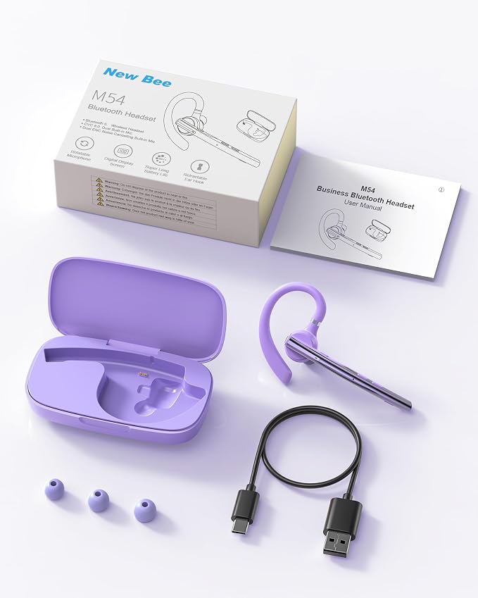 New Bee Bluetooth Headset V5.1 72H Talk Dual Mic with Mute Button for Business, Wireless Hand-Free Bluetooth Earpiece with 500mAh Charging Case for Cell Phone Calls Trucker Driver