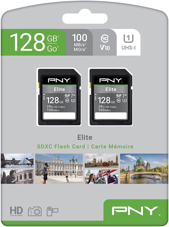 PNY 128GB Elite Class 10 U1 V10 SDXC Flash Memory Card 2-Pack - 100MB/s Read, Class 10, U1, V10, Full HD, UHS-I, Full Size SD