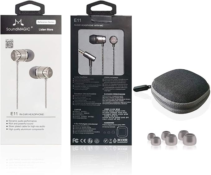 SoundMAGIC E11 Wired Earbuds, No Mic, Hi-Fi Stereo, 3.5mm Jack, Gunmetal | Balanced accurate sound, rich bass, full aluminium housing, silver-plated cable, comfortable fit