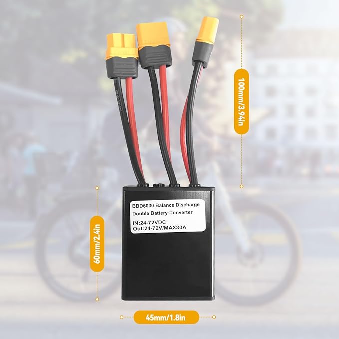 Dual Battery Connector, 20V-72V DC E-Bike Dual Battery Discharge Converter XT60 Port Adapter Battery Capacity Double Battery Pack Switch Balancer (30A)