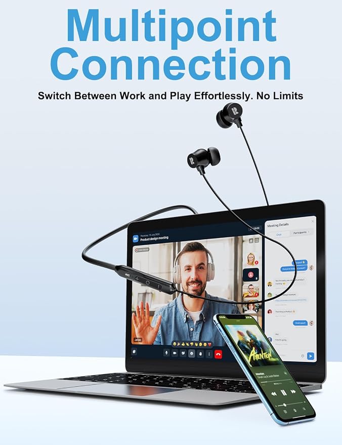 Rythflo Active Noise Cancelling Headphones, Wireless in Ear Neckband Blutooth Headphones with 3 AI Mics ENC, 60Hrs Playtime, V5.3 Multipoint Connection Magnetic Earbuds for Work/Travel/Office