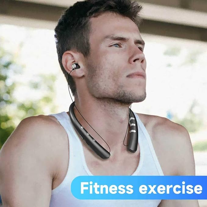 Bluetooth 5.3 Neckband Bluetooth Headphone, Sweat Resistant Noise Cancelling Stereo Headphones, and Retractable Ear Tips for Music, Conference, Videos (Bright Black)