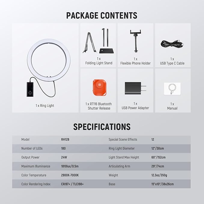 NEEWER 12" 24W High Power LED Ring Light Compatible with iPhone, 60" Overhead Folding Light Stand/Phone Holder Mount for Video Recording Selfie Makeup Streaming, 2900-7000K USB C PD Input CRI97+, RH12