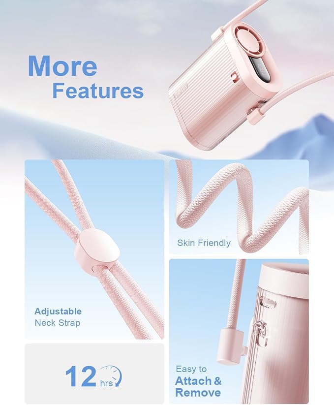 SOTHING 4-in-1 Portable Neck Fan, Hands-Free Wearable Fan with 100-Speed 16000RPM Strong Airflow, Rechargeable Mini Body Fan, Personal Handheld Fan for Travel, Camping, Office, Outdoor (Pink)