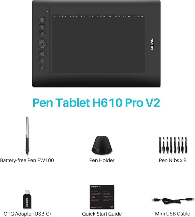 HUION H610 Pro V2 Graphic Drawing Tablet Android Supported Pen Tablet Tilt Function Battery-Free Stylus 8192 Pen Pressure with 8 Express Keys