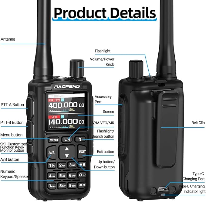 Baofeng Ham Radio Handheld UV-5R MINI-5 Rechargeable Walkie Talkies Long Range for Adults Two Way Radio Dual PTT APP Programming Copy Frequency NOAA with USB-C Charging Hunting Survival Gear