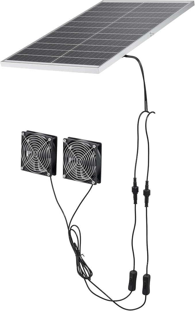 VEVOR Solar Powered Fan, 30W Solar Panel with 2 Fans, Adjustable Solar Panel Angle, 2668 RPM High-Speed, Flexible Installation, Fast Air Exchange for Greenhouse, Grow Tents, Chicken Coops, Shelters