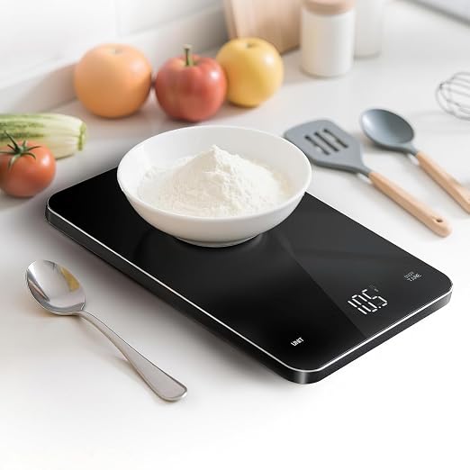 Rechargeable Digital Kitchen Scale, 5kg/0.1g High Precision Food Scale, Ultra Slim & Tempered Glass Platform, Tare & 4 Unit Modes, Perfect for Baking & Cooking