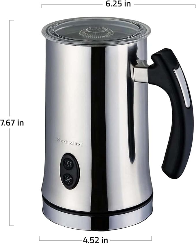 Ovente Electric Double Wall Insulated Non Stick Milk Frother and Steamer Hot & Cold 5 Ounce 10 Ounce Heated Capacity Warmer Whisker for Latte Cappuccino Espresso Coffee Hot Chocolate Chrome FR4810CH