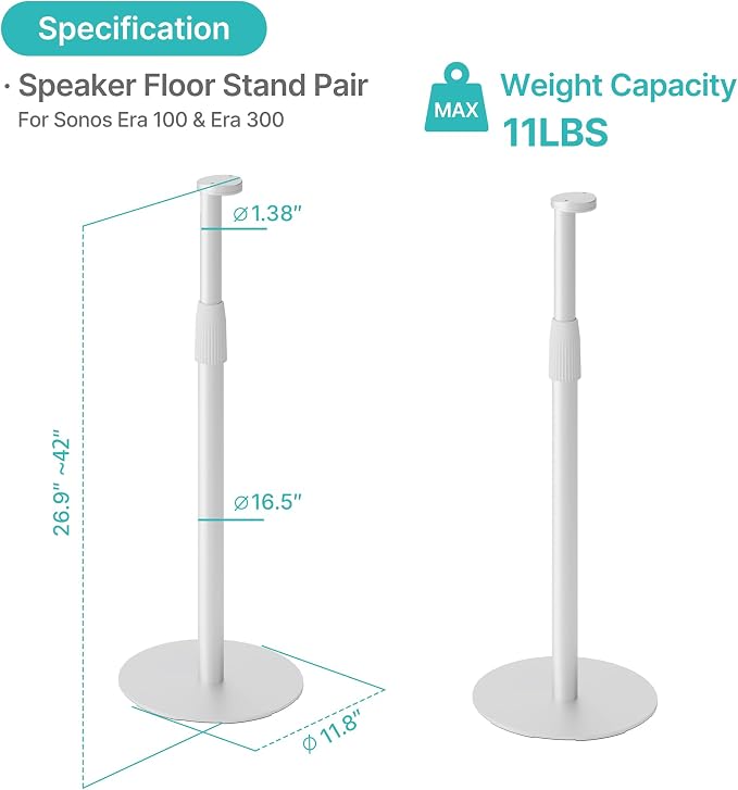 PEGZONE Speaker Stands Pair Compatible with Sonos Era 100 and Era 300, Height-Adjustable from 26.9"-42", Cable Management, 11lbs Capacity, White, 2 Pack(1 Pair)