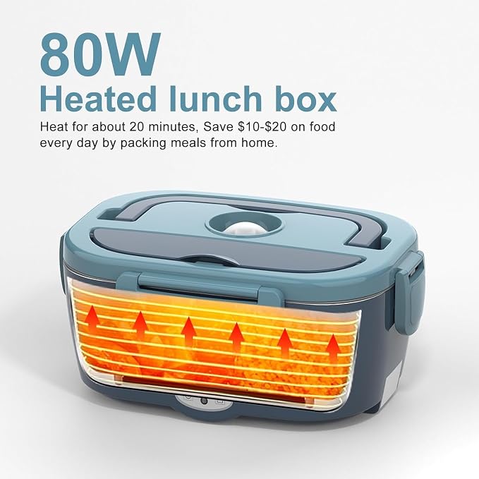 WisaKey Electric Lunch Box 80W Heated LunchBox for Adults 12V 24V 110V 220V Portable Food Warmer Lonchera Eléctrica Portátil with 2 Stainless Steel Containers Gifts Fathers Day for Dad Husband Men