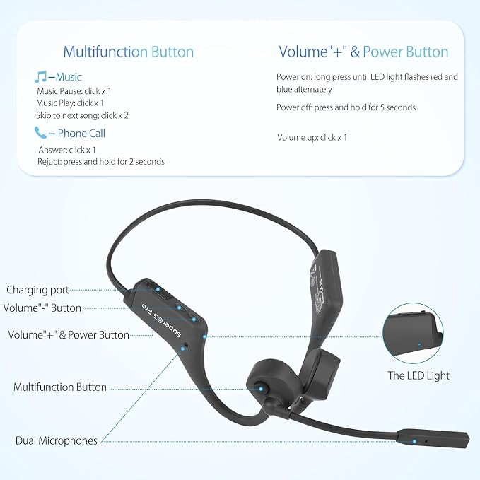 Bone Conduction Headphones with Boom Mic Bluetooth Open Ear Wireless Computer Headsets PC with Mic Noise Canceling Bluetooth Earphones with Microphone for Office Use Driving Meeting