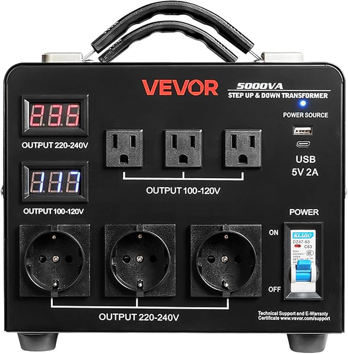 VEVOR Voltage Auto Converter Transformer, 5000VA, Heavy Duty Step Up/Down Power Transformer, 110V to 220V and 220V to 110V, with 3 US Outlets, 3 EU Outlets, LCD Display, Circuit Breaker Protection