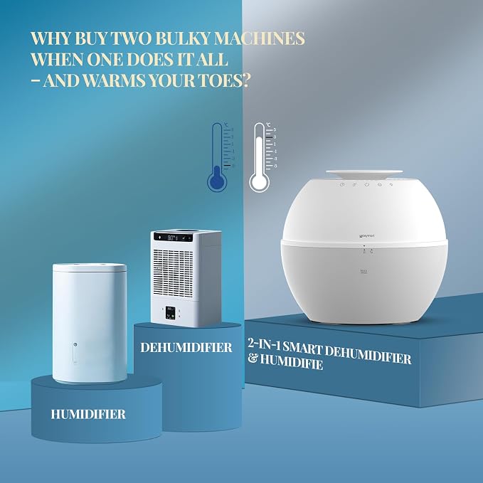 Dual-Function Humidifier & Dehumidifier Combo Air Purifier 152oz Water Tank Steam Distillation Humidification for Bedroom with Drain Hose Humidifer RV Bathroom Auto Adjustment LED Lights
