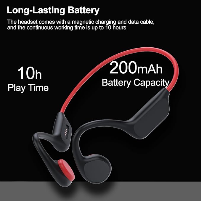 Bone Conduction Headphones Sports Headset Open-Ear Bluetooth 5.4 Wireless Swimming Earphones with Built-in Mic 32G Memory Magnetic Charging IPX8 Waterproof for Workout Running Cycling (Black Red)