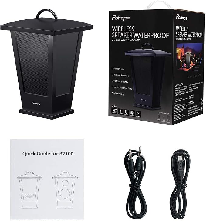 pohopa Bluetooth Speaker Waterproof, Portable Outdoor Wireless Speaker with LED Strip Lights Around, Support 2 or More Speakers 5.8Ghz Pairing Sync Shared Audio,Lantern Design Black